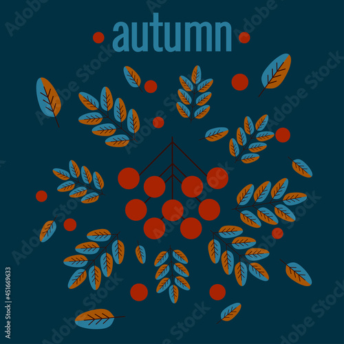 Lettering autumn, fall leaves, berries. Autumn banner for advertising, sales. Vector illustration in orange and brown colors, an blue background.