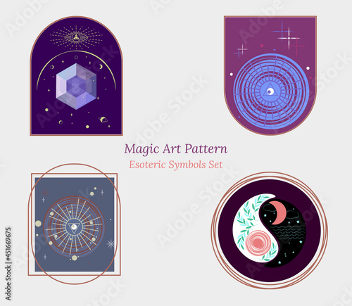 Large set of images of objects of esoterica, alchemy, magic, fortune telling, occultism. Vector doodle in outline style for tarot cards design, social networks, groups, web page.