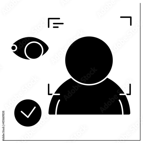 Facial recognition glyph icon. Technology identifying a person from a digital image. Facial recognition concept. Innovative technology concept.Filled flat sign. Isolated silhouette vector illustration