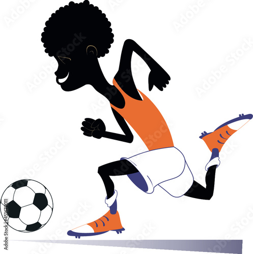 Smiling young African man playing football illustration. Cartoon laughing black football player kicks a ball isolated on white