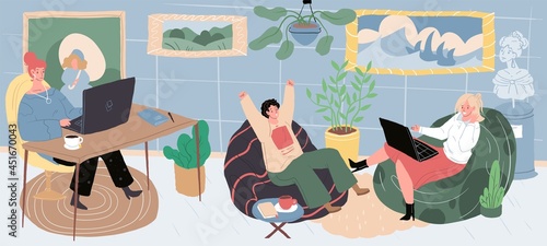 Vector cartoon flat characters at home party sitting in bean bags at cozy atmosphere.Young people hang out,rejoice,enjoy,talking using laptops indoors-emotions and friendship social concept
