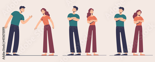 Set of quarrelling couple. Problems in relations between beloved partners or friends. Illustration of different steps of argument between man and woman.
