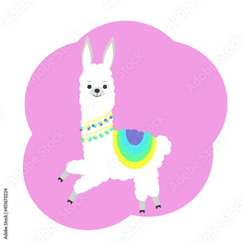 Illustration of a cute llama in colored ornaments. Holiday postcard