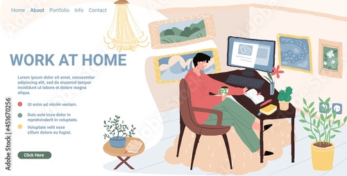 Vector cartoon flat happy freelancer character works at home office apartment interior workspace.Young man sits in cozy atmosphere working on laptop-landing page design,online freelance work concept