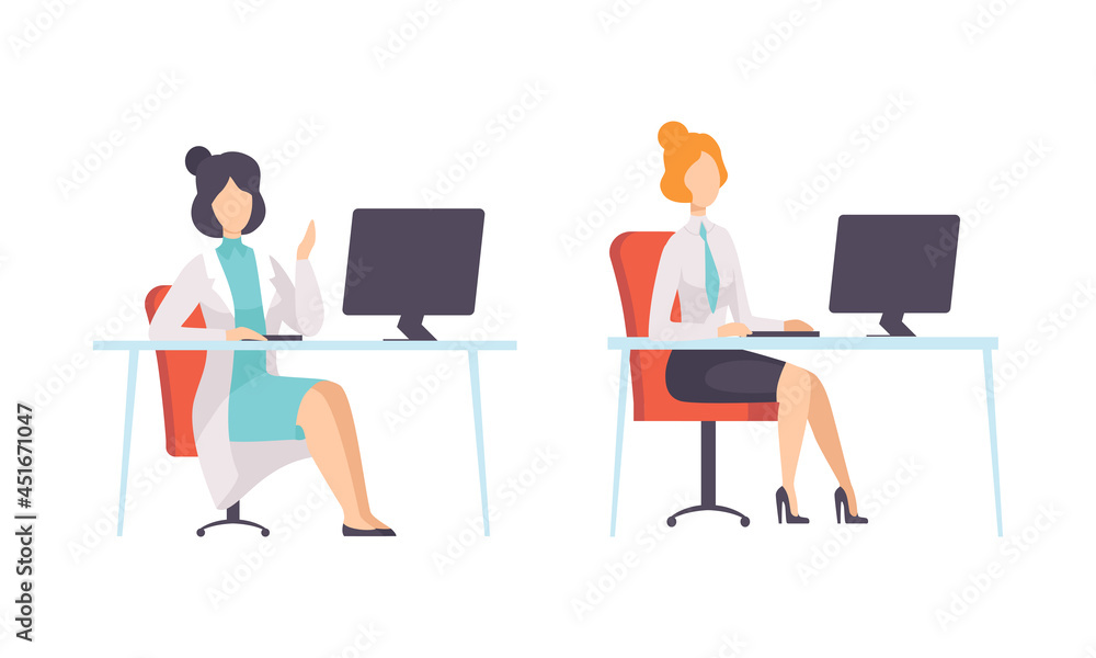 Work and Career with Woman in Suit at Office Desk Vector Set Work and Career with Woman in Suit at Office Desk Vector Set