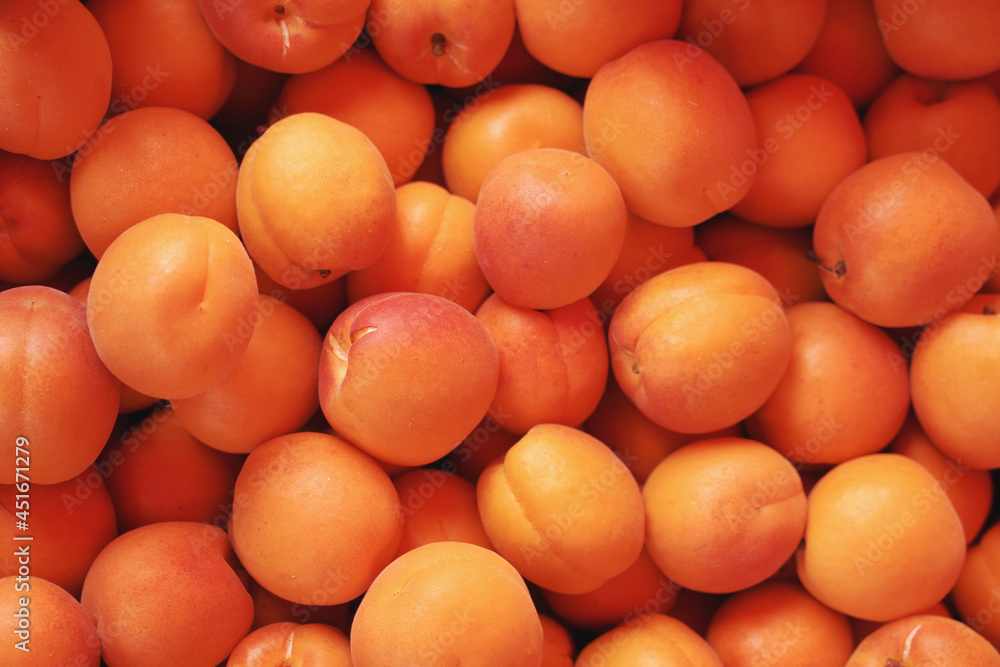 Ripe organic apricots on the market. Background, food texture, new harvest.