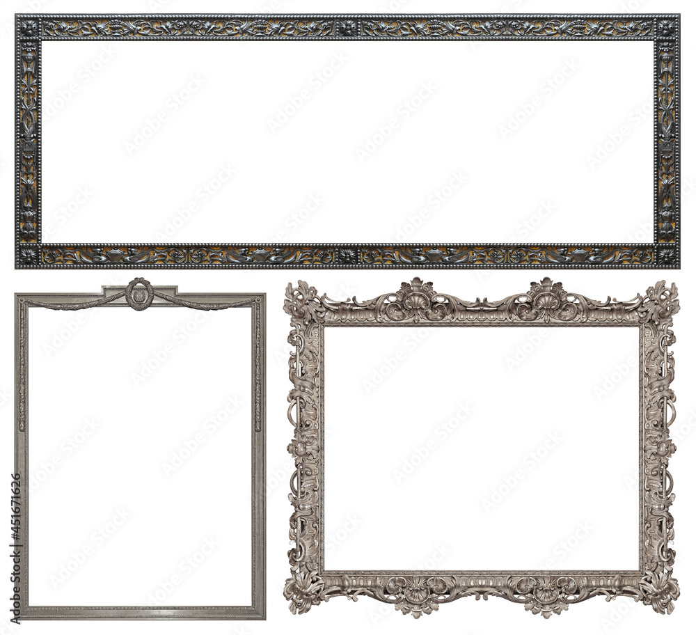Set of silver frames for paintings, mirrors or photo isolated on white background Set of silver frames for paintings, mirrors or photo isolated on white background