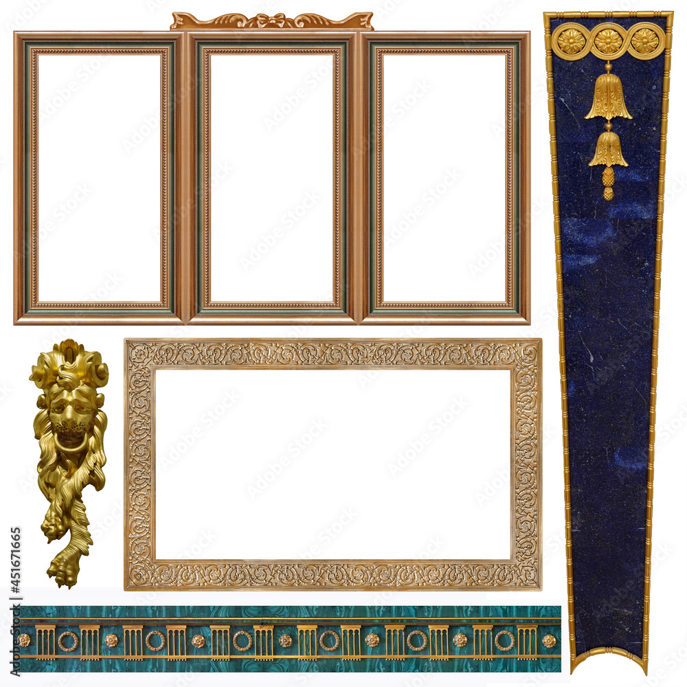 Fototapeta premium Set of golden frames for paintings, mirrors or photo isolated on white background