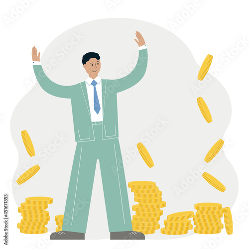 Business success concept. Happy man in suit around a lot of gold coins