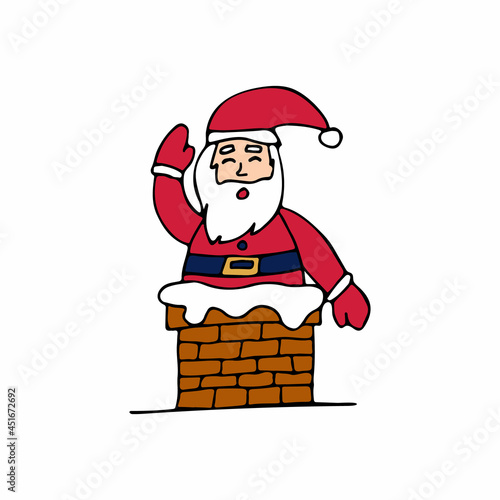 Colorful doodle illustration of Santa Claus in chimney. Colorful illustration of santa claus happily waving from chimney
