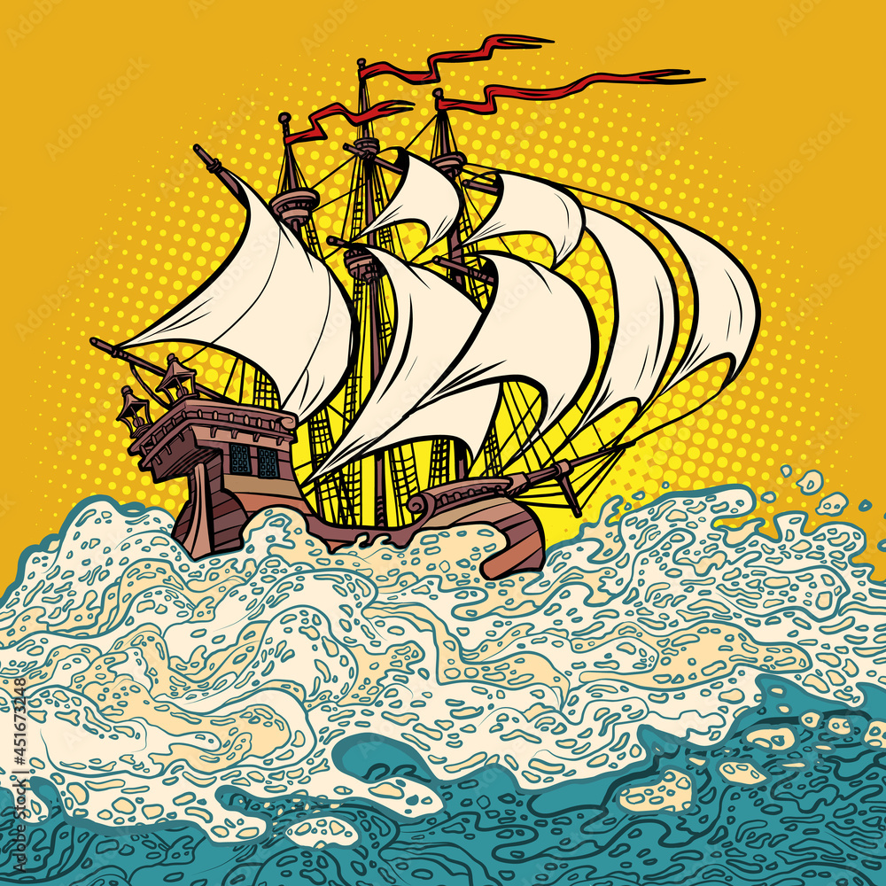 Naklejka premium an ancient sailing ship, the caravel of Columbus. Sea voyages