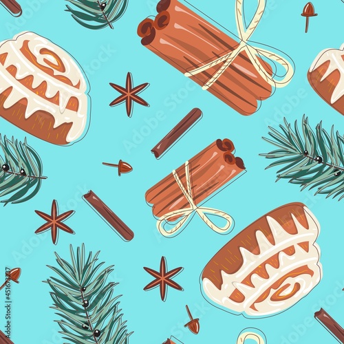 Seamless pattern with cinnamon rolls, anise, cloves and pine branches. Christmas, winter baking with blue background. For textile, wrapping paper, packaging, wallpaper. Vector pattern.