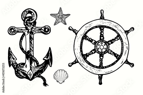 Anchor, ship`s wheel, sea star and seashell. Ink black and white doodle drawing in woodcut outline style illustration