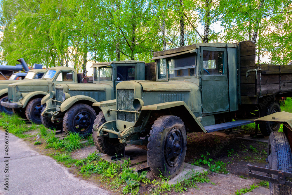 Rusty soviet retro trucks in Open air Museum of Folk Architecture and Folkways of Middle Naddnipryanschina in Pereyaslav, Ukraine