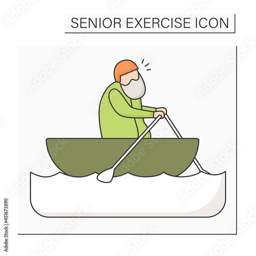 Rowing color icon. Man racing boat using oars. Physical activity. Prevention diseases. Sport life. Senior exercise concept. Isolated vector illustration