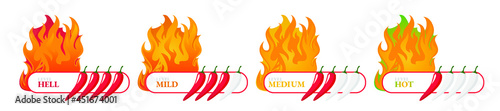 Spicy hot chili pepper icons set with flame and rating of spicy Mild, medium hot and extra hot level of pepper sauce or snack food Chili pepper or chile habanero and jalapeno level Hot pepper sign