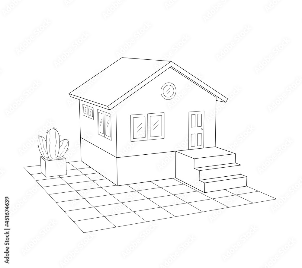 3d small house drawing with front door exterior stairs and a cactus pot in garden. outline black and white perspective view illustration
