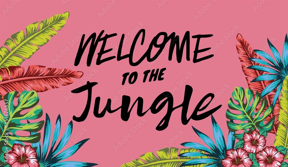 Obraz premium welcome to the jungle banner, vibrant palm leaf appliques and tropical plants, chlorophyll color and nouveau peach shade