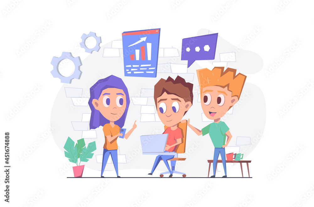 Teamwork. The team works together. The man sits with his laptop and discusses the schedule with the woman, a colleague stands nearby and supports them. Flat vector illustration. Teamwork. The team works together. The man sits with his laptop and discusses the schedule with the woman, a colleague stands nearby and supports them. Flat vector illustration.