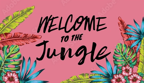 Fototapeta Naklejka Na Ścianę i Meble -  welcome to the jungle banner, vibrant palm leaf appliques and tropical plants, chlorophyll color and nouveau peach shade