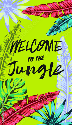 welcome to the jungle banner, vibrant palm leaf appliques and tropical plants, chlorophyll color and nouveau peach shade