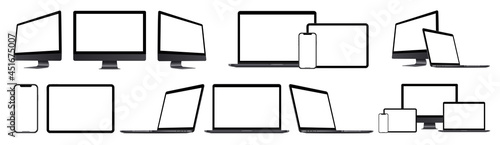 Realistic black devices mockups with empty screens collection : Laptop computer, monitor, smartphone, tablet. Set of technology device mockup with shadow. Big set mock-up display, vector illustration.