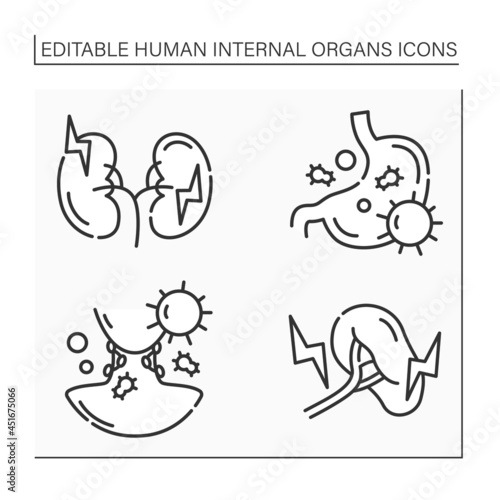 Human internal organs line icons set. Stomach, kidney, lymph nodes, spleen. Prevention of diseases. Health concept.Isolated vector illustration.Editable stroke