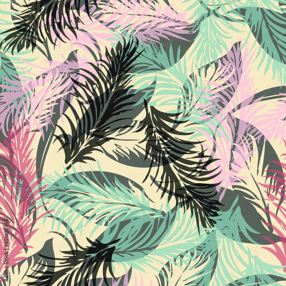Tropical palm leaves, vector pattern. Jungle foliage illustration. Exotic plants. Summer beach floral design.