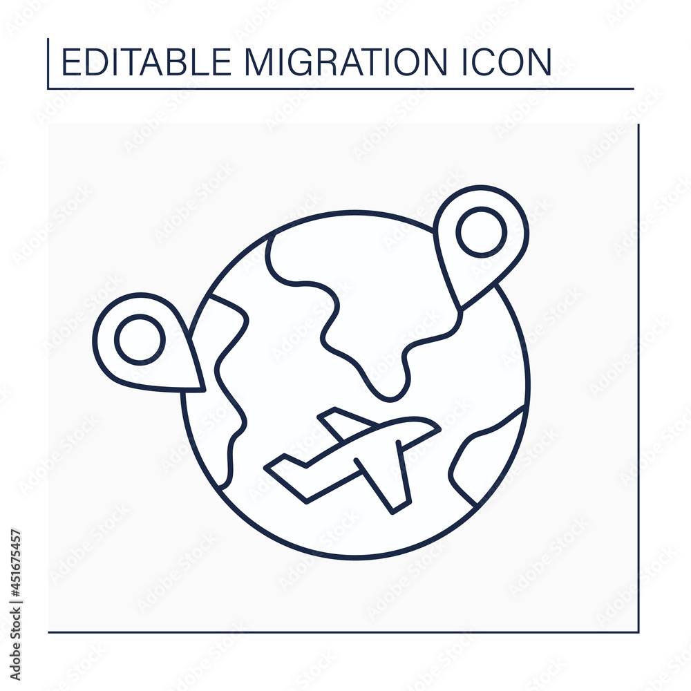 Internal migration line icon. Cross state boundaries and stay in non-native state during long time. Travel to different country. Migration concept. Isolated vector illustration. Editable stroke Internal migration line icon. Cross state boundaries and stay in non-native state during long time. Travel to different country. Migration concept. Isolated vector illustration. Editable stroke
