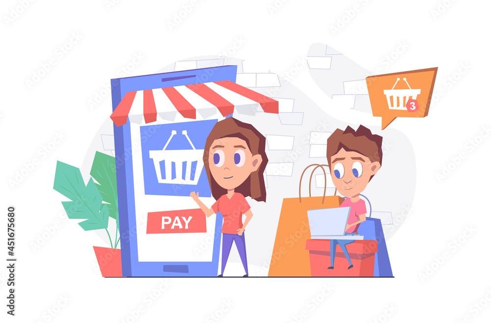 Online shopping. A woman buys goods online through her smartphone. A man with a laptop sits on boxes and buys goods online through an online store, with shopping bags next to him, and a bubble with a Online shopping. A woman buys goods online through her smartphone. A man with a laptop sits on boxes and buys goods online through an online store, with shopping bags next to him, and a bubble with a