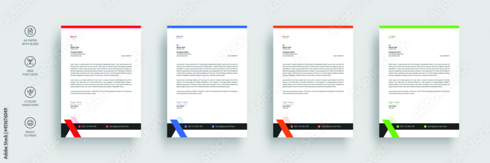 Business letterhead, Letterhead template with various colors, Letterhead template in flat style, Modern company letterhead template design