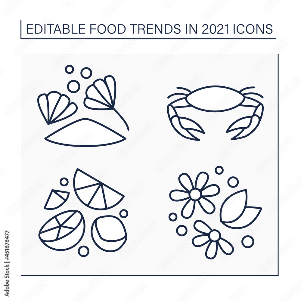 Food trends line icons set. Trendy dishes. Herbal tea, chicory drink, hard seltzer, seafood boils. New recipes concept. Isolated vector illustrations. Editable stroke