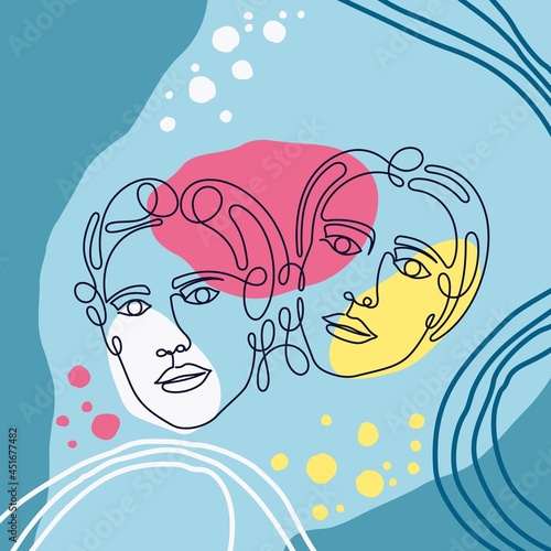 Continuous line portrait of two joyful women. Modern minimalistic style. Lineart design. Vector hand drawn template.