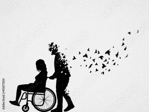 Disabled woman in wheelchair. Loving couple outline. Death, afterlife