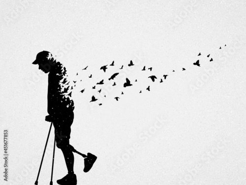 Disabled man on crutches. Death and afterlife. Flying bird silhouette