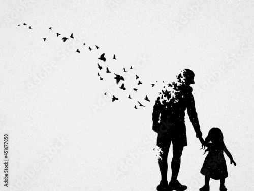Father and daughter silhouette. Death and afterlife. Flying birds