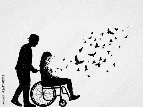 Disabled woman in wheelchair. Loving couple outline. Death, afterlife