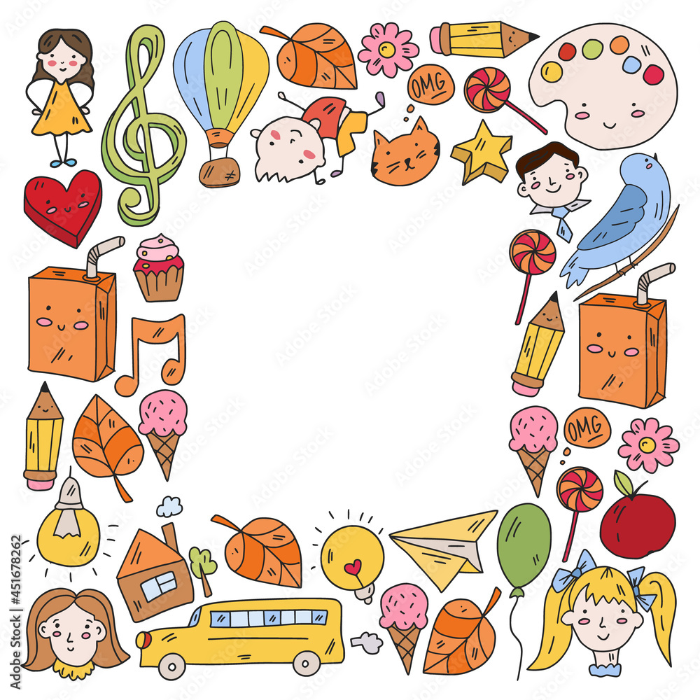 Fototapeta premium Kindergarten little children play at the park. Online education.