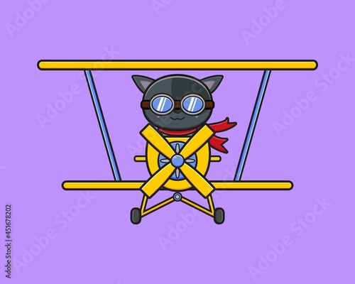 Cute cat driving a plane cartoon icon illustration