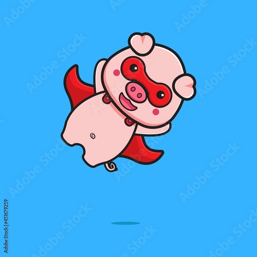Cute pig super hero flying cartoon icon illustration