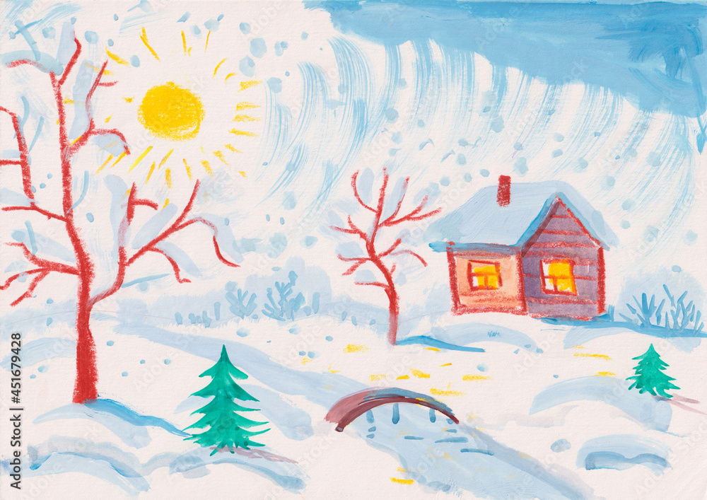Winter village landscape. Small house, trees, fir-trees, bridge over the river among snowy hills. Rural area, raster illustration in the style of children`s drawing