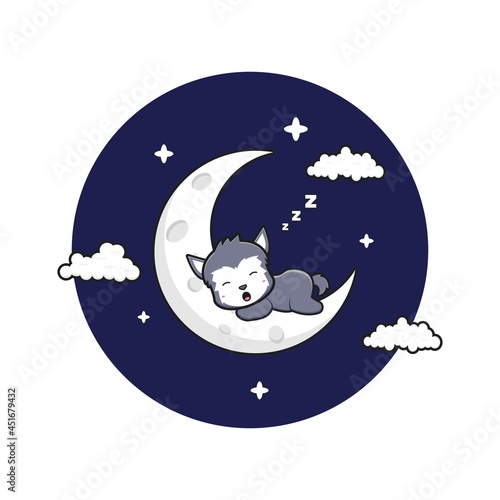 Cute wolf sleep on the crescent moon cartoon icon illustration