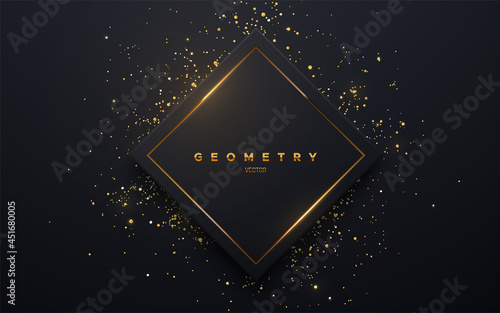 Abstract black square shape with golden glowing frame and glitters