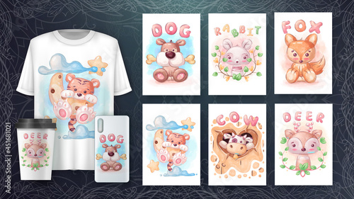 Set watercolor animal poster and merchandising.