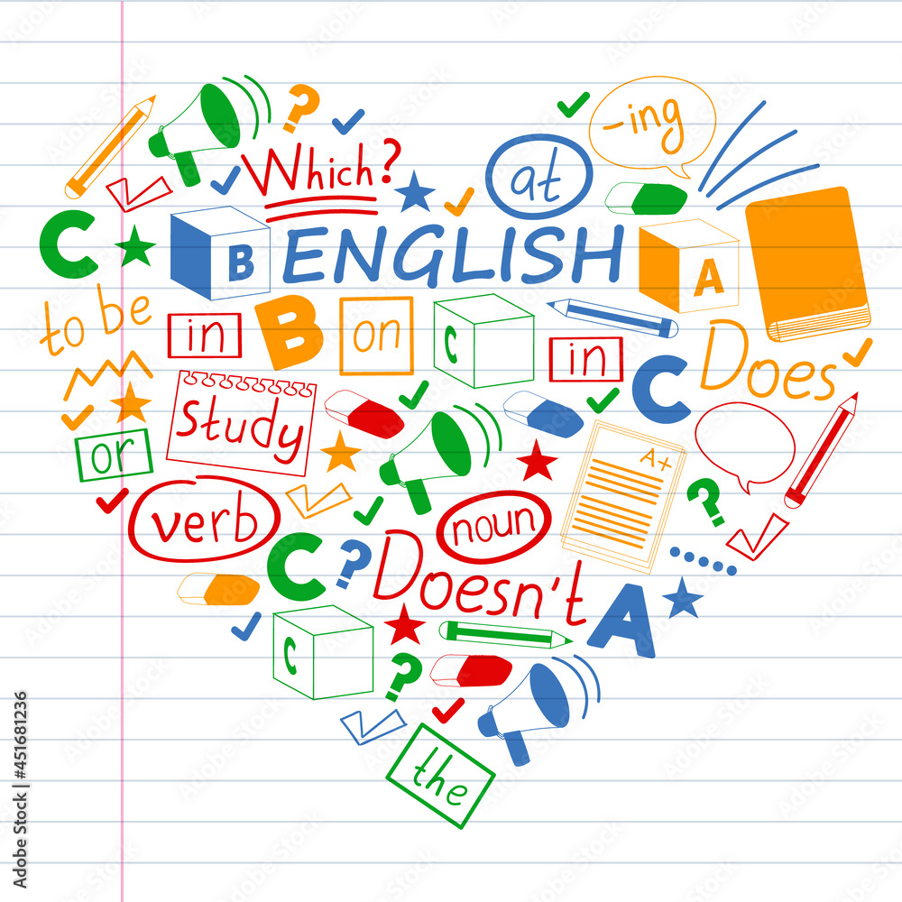 Naklejka premium Concept of learning English. Flat design, vector pattern. English courses.