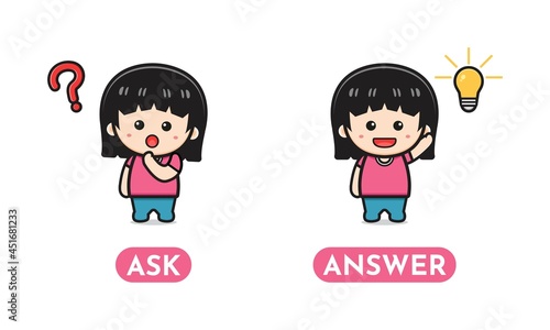 Cute opposite ask and answer, words antonym for children cartoon icon illustration