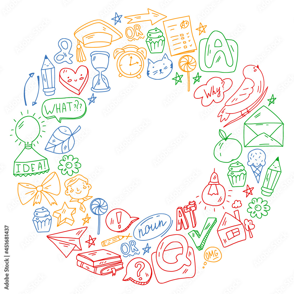 Back to school. Vector illustration with icons about education. English learning. Online internet courses. Back to school. Vector illustration with icons about education. English learning. Online internet courses.