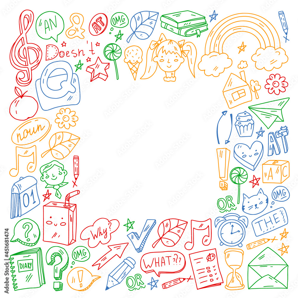 Back to school. Vector illustration with icons about education. English learning. Online internet courses. Back to school. Vector illustration with icons about education. English learning. Online internet courses.