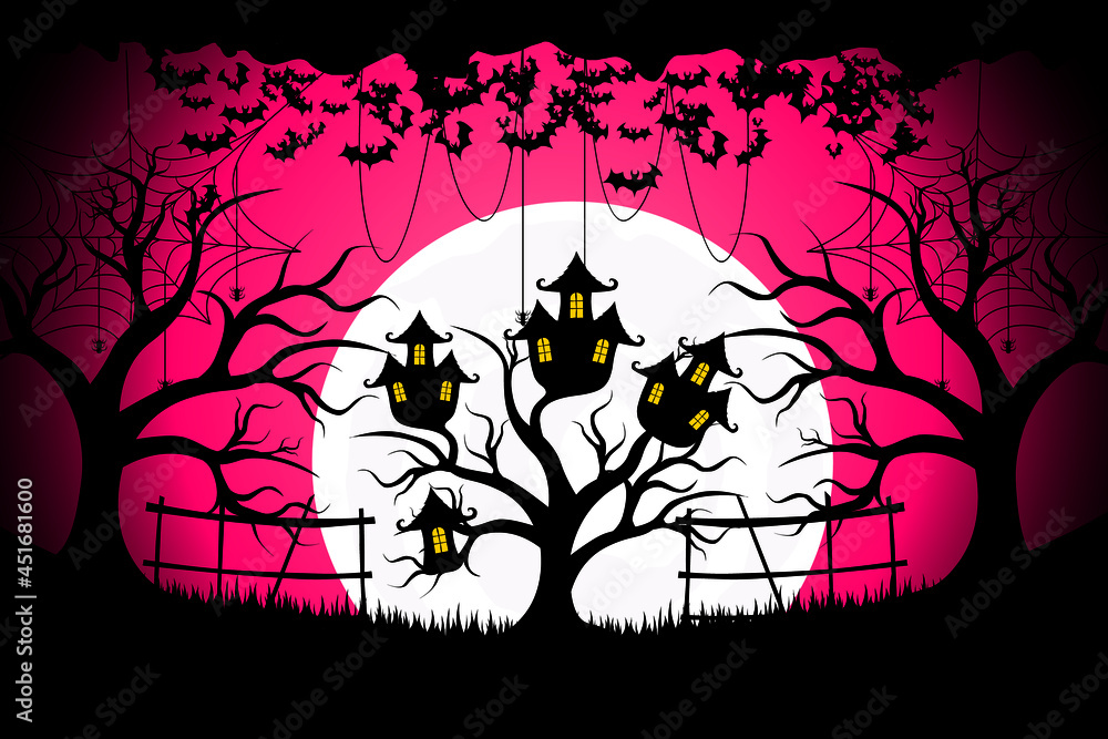 Happy Halloween. A haunted tree house surrounded by scary bats 
