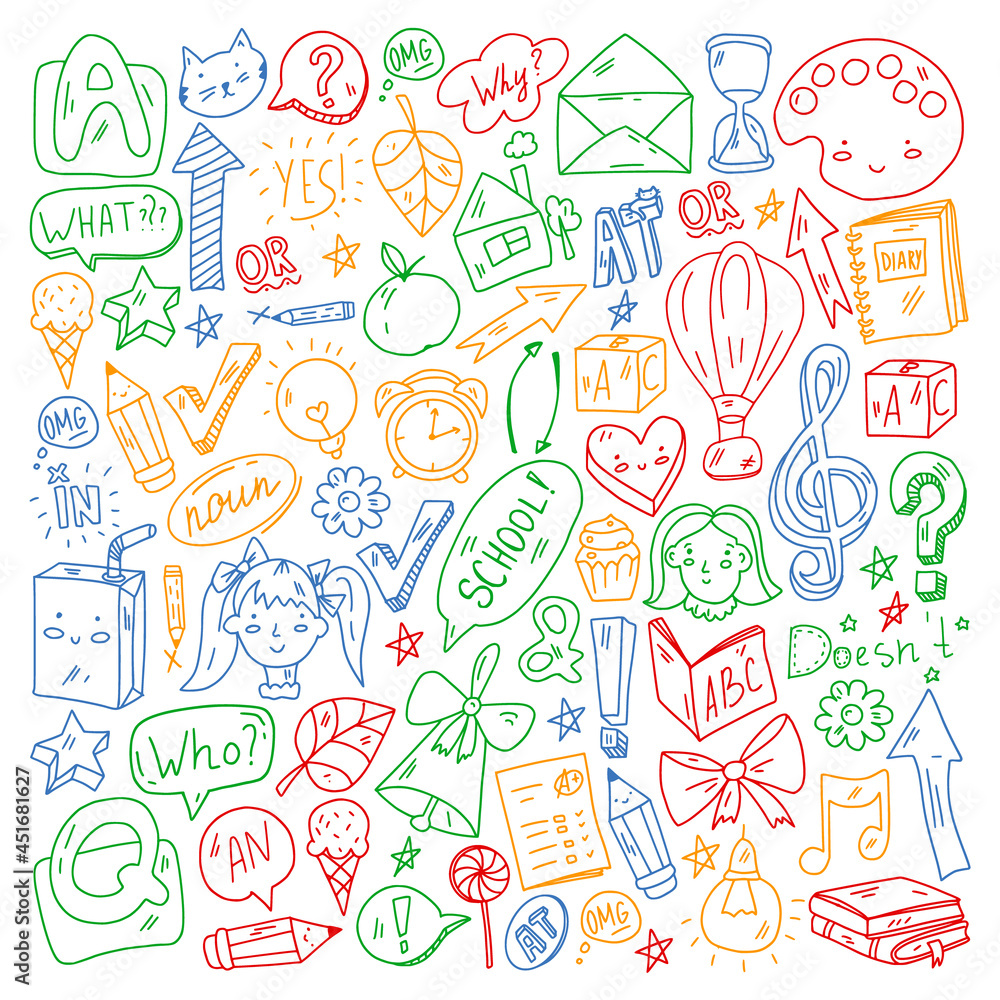 Back to school. Vector illustration with icons about education. English learning. Online internet courses. Back to school. Vector illustration with icons about education. English learning. Online internet courses.